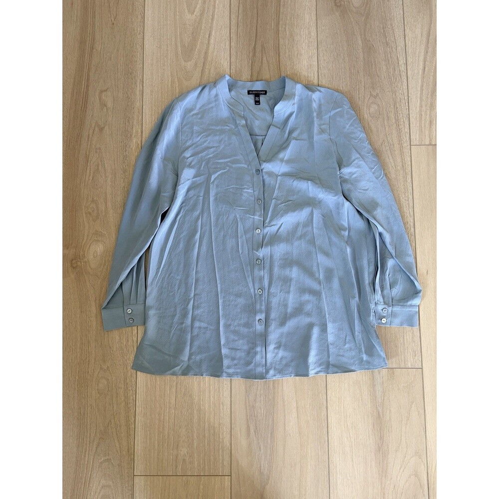Eileen Fisher Frost Silk Georgette Mandarin Collar Long Sleeve Shirt Women Med